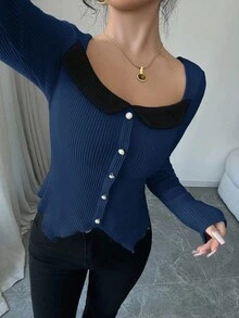 Selianne Autumn/Winter Splice Color Block Square Neck Long Sleeve Asymmetrical Hem Slim Fit Velvet T-Shirt Graphic Tees Women Tops For Spring - Navy Blue - View 6