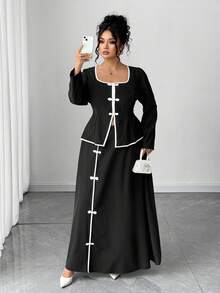 Elenzga Koszula i spódnica damska w dużym rozmiarze z kwadratowym kołnierzykiem i długim rękawem, 2 sztuki, swobodny i stylowy - Czarne i Białe - Zobacz 5