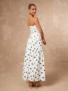 Lumalex 早春复古黑白波点褶皱紧身胸衣连衣裙，适合女士，奢华舞会、聚会、宴会、低调奢华、闪耀夺目的节日派对、锐舞派对、音乐节、郊游、度假、户外、婚礼季、宴会、圣诞节、新年等场合，层次丰富，是派对、晚宴、晚会、派对的理想之选。早春波点连衣裙，女士无肩带长款波点连衣裙，夏季白色波点长裙。 - 白色 - 查看 3