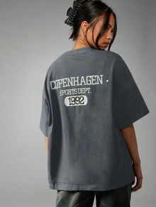 MISSGUIDED 复古哥本哈根运动部超大 T 恤 1992 年标志图案印花大学风格都市时尚休闲街头服饰学院风 T 恤 - 藏蓝色 - 查看 4