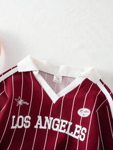 SHEIN Babygirl 可爱运动休闲条纹红色字母图案长袖运动衫 - 紅色 - 查看 7