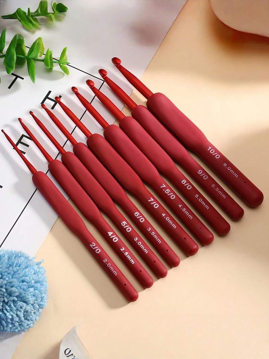 9PCS Red Crochet Hook Set Aluminum Ergonomic Knitting Needles DIY Weaving Tools With Non-Slip Silicone Grip Yarn Craft Supplies For Beginners Professionals