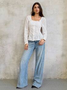 SHEIN Unity 女士休闲长袖纯色方领腰部收腰纽扣设计衬衫 - 白色 - 查看 2