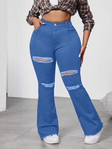 SHEIN CURVE+ Quần jean đen cỡ lớn, quần jean ống loe rách, quần denim co giãn cao thoải mái có túi, trang phục thường ngày - Rửa trung bình - Xem 7