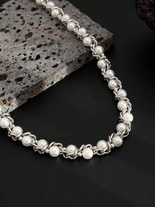 ROMWE Fairycore 1pc Fashionable Casual Minimalist Faux Pearl Pants Chain, Wrapped Iron Alloy Chain, Men's Personalized Accessory, For Pants Decoration, Holiday Gift - Silver - View 4