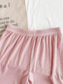 SHEIN Set de 2 bucăți pentru fete, casual, culoare solidă, contrastant, bluză cu mânecă lungă și pantaloni, pijamale pentru casă - Roz - Vizualizare 7