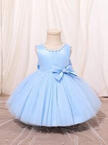 SHEIN Glamorique Kids 圣诞公主女童连衣裙，薄纱泡泡裙派对礼服，花童礼服，适合婚礼、派对、季节，蓝色；白色串珠 V 型后背大蝴蝶结公主裙 - 淺藍色 - 查看 2