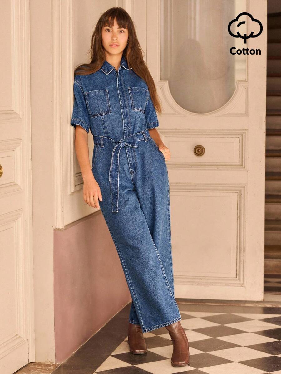 lacRébo Bộ đồ liền thân denim tay ngắn có thắt lưng có túi ngực dành cho nữ mùa thu đông - Rửa tối - Xem 1