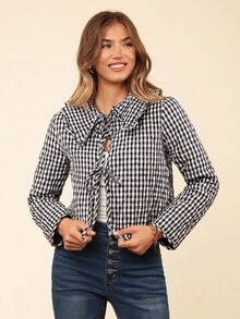 Coeurva 女士度假编织格子领系腰带前长袖宽松棉服外套、冬季女装、女士夹克、保暖、冬季女外套