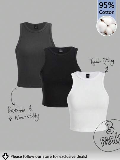 Tseoso Set de 3 camisetas de tirantes casuales de ajuste ceñido para mujer, 95% algodón, en colores negro, blanco y gris, adecuadas para verano, estilo vintage, cute, softgirl, salidas de verano, hogar, vuelta al cole, otoño