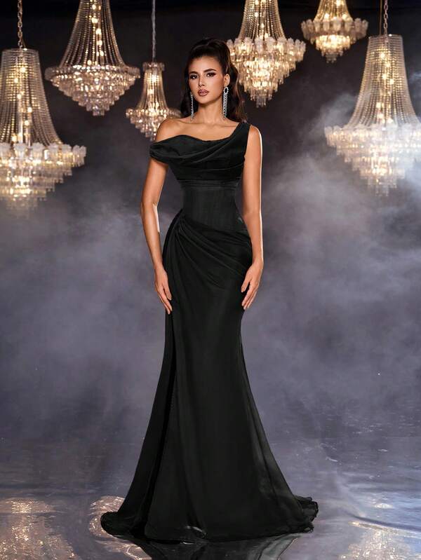 Glamrae Vestido de noite formal minimalista cáqui desgastado com pregas e bainha transparente