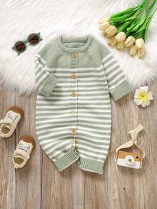 Pale Green Infant Knitted Romper: Round Neck Long Sleeve Simple Striped Design, Fashionable Jumpsuit Versatile Style Baby Boys Winter Clothes Baby Boys Fall Clothes Baby Boys Fall Outfits