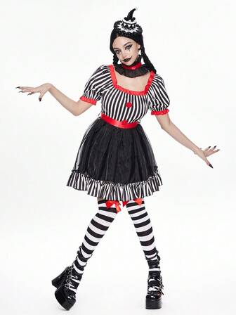 Kawaii Robe courte femme style Lolita gothique avec design à rayures et couleurs contrastées, costume de cosplay