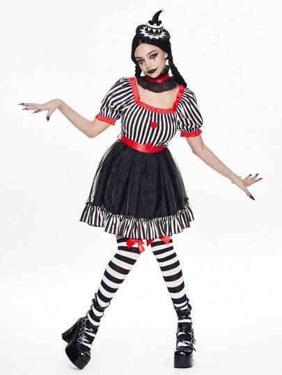 Kawaii Vestido corto de mujer con diseño de rayas y contraste de colores, estilo gótico lolita, disfraz de cosplay