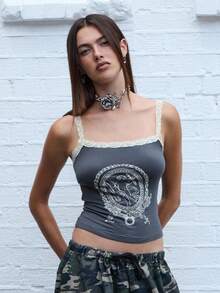 COUREZ Top de encaje con estampado frontal / Ropa de mujer Y2K para otoño, ropa de otoño, blusas lindas, camisetas gráficas, top para salir, ropa de invierno - Gris Oscuro - Ver 5
