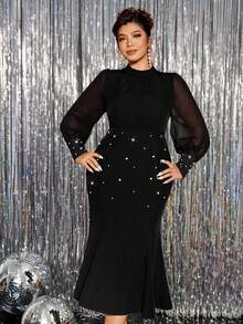 Cravure Váy dạ hội đuôi cá tay dài màu trơn cỡ lớn dành cho nữ, thời trang xuân thu, tay lưới, đính ngọc trai, thích hợp cho các buổi dạ hội, tiệc tùng, hẹn hò - màu đen - Xem 7