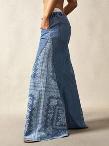 Bohemela Plus Size Women Floral Pattern Pocketed Wide Leg Casual Jeans, Back To School, Vintage, Fall Women Clothes - Blue - View 5