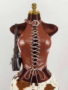 Y2K Amplova Women's Sexy Criss-Cross Backless Halter Neck Top, Summer Rodeo Cowgirl Brown 2 Piece Set - Brown - View 5