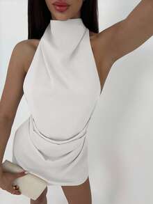 Aloruh Minimalist Backless Tie-Up Pleated Mini Apricot Dress For Women,Elegant Dresses For Women,Dresses For Women Party