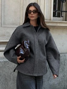 Aloruh 女款秋冬新款翻领拉链深灰色羊毛宽松常规外套 - 深灰色 - 查看 4