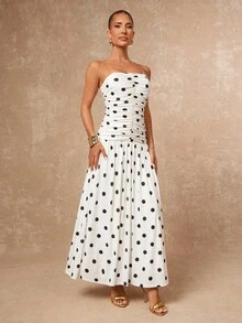 Lumalex 早春复古黑白波点褶皱紧身胸衣连衣裙，适合女士，奢华舞会、聚会、宴会、低调奢华、闪耀夺目的节日派对、锐舞派对、音乐节、郊游、度假、户外、婚礼季、宴会、圣诞节、新年等场合，层次丰富，是派对、晚宴、晚会、派对的理想之选。早春波点连衣裙，女士无肩带长款波点连衣裙，夏季白色波点长裙。 - 白色 - 查看 5