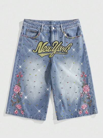 Street Life Jeans décontractés à jambe large, 7/8 longueur, avec broderie florale et décoration de strass pour hommes