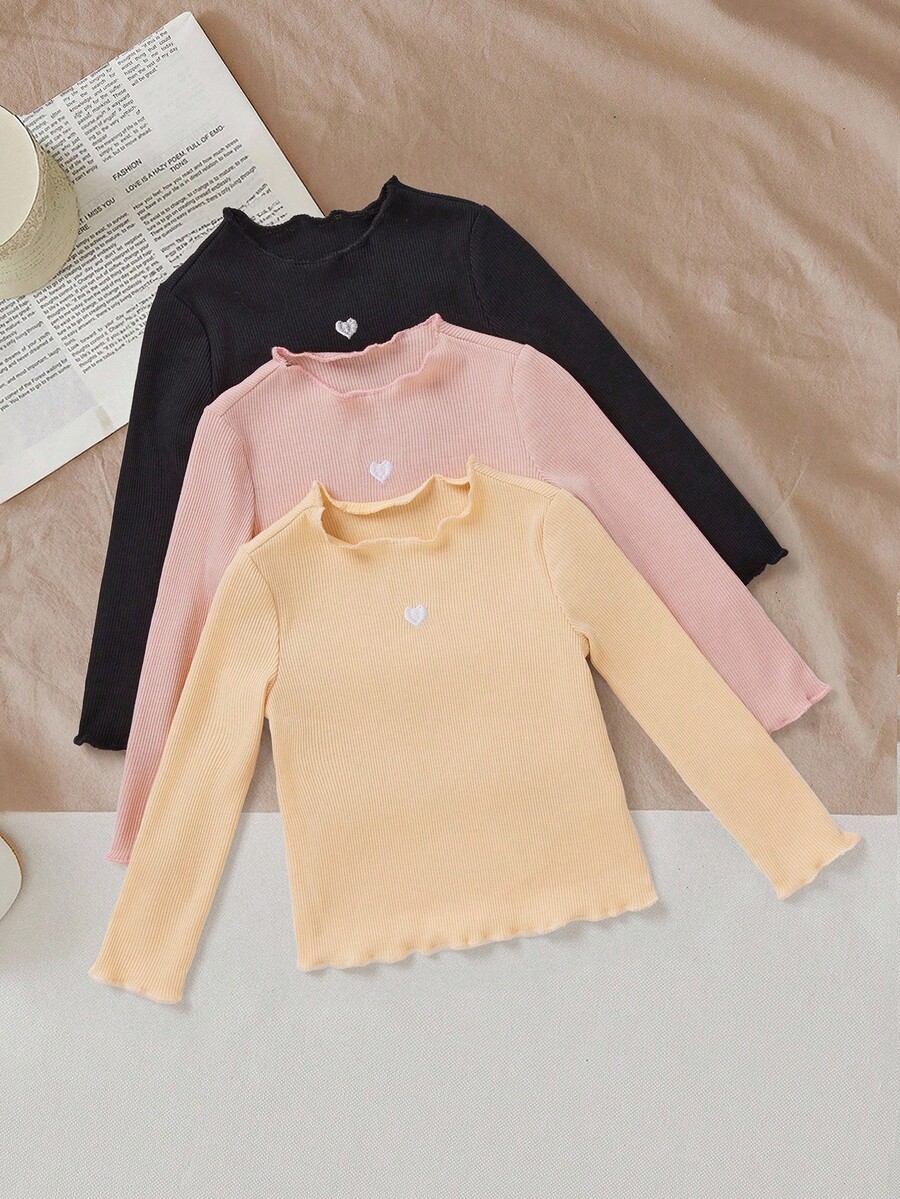 SHEIN LMoss Kids LMoss 3pcs/Set Baby Girls' Cute Knitted Heart Pattern Ruffled Hem Tops, Autumn/Winter Fall - Multicolor - View 1