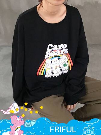 SHEIN X Care Bears FRIFUL Women's Loose Fit Casual Street Style Letter & Cartoon Graphic Round Neck Pullover T-Shirt Long Sleeve Top