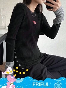 FRIFUL SHEIN X Care Bears 女款圓領修身緊身毛衣，愛心與字母刺繡，對比色袖口拼接，校園度假風 - 藏蓝色 - 查看 3