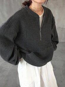 FRIFUL 女式宽松半拉链华夫格针织纯色金属拉链装饰T恤长袖上衣 - 灰色 - 查看 3