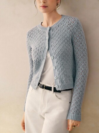 Cévolie 女士纯色镂空单排扣休闲针织开衫，秋季