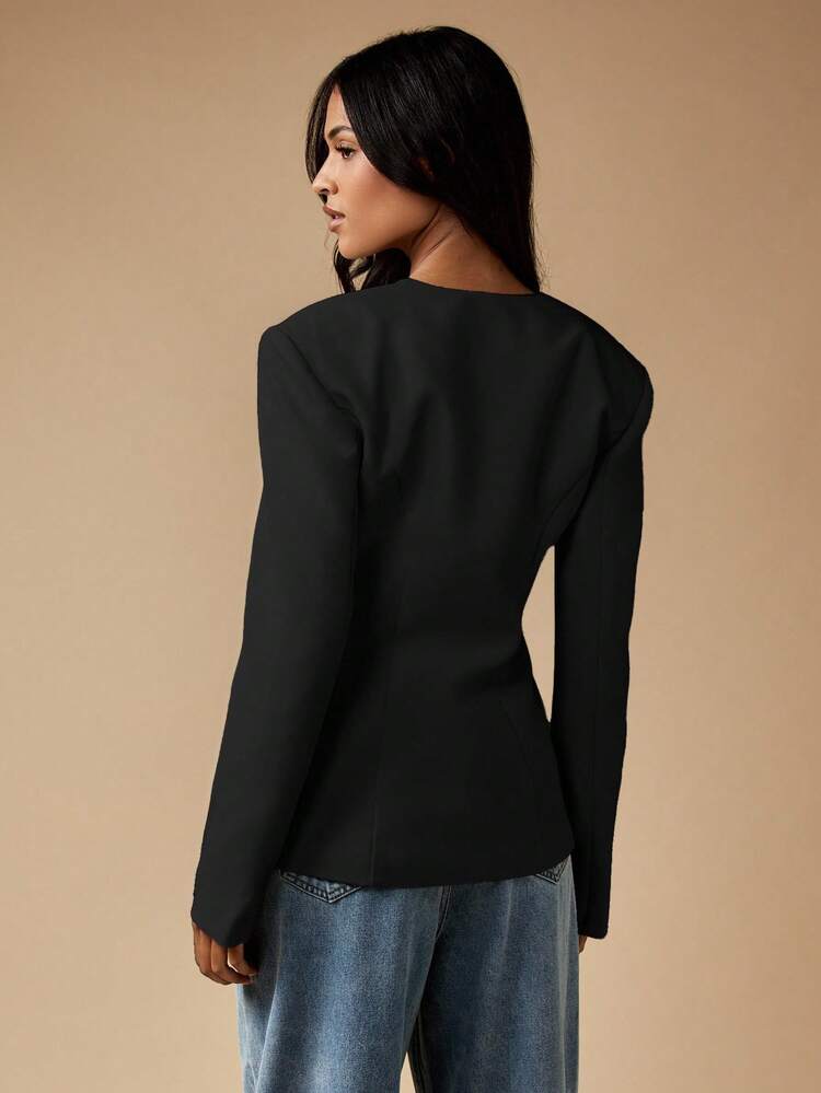 MISSGUIDED Boxy Fit Professional Slim Fit Blazer With Structured Shoulders Deep V Neck Single Button Front Long Sleeve Office Business Formal Wear Fall Winter Collection