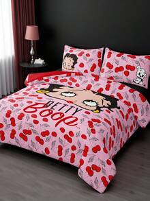 Betty Boop x SHEIN Bộ 3 món ga trải giường họa tiết quả anh đào và hình hoạt hình, chất liệu chải mịn, mềm mại và ấm áp, màu hồng, nhiều kích cỡ phù hợp với giường đơn/đôi/nữ hoàng/vua, họa tiết quả anh đào, ý tưởng quà tặng, thích hợp cho tiệc tùng, ngày lễ, Ngày Valentine. - Hồng - Xem 4