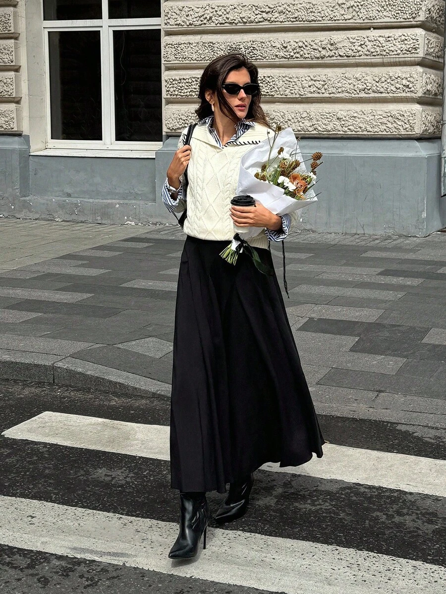 Ontre 2026春夏新款女士长款百褶裙,纯色基础款中长裙,优雅百搭,适合日常、通勤、情人节、春夏商务休闲、度假、海滩、生日派对、教师制服、办公穿着。 - 黑色 - 查看 1