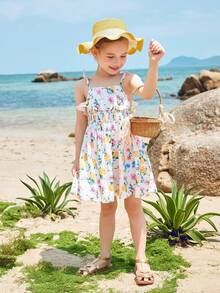 Joliand Joliand 1 pièce Robe nuisette élégante à fleurs éparpillées pour jeune fille, convient pour le port casual quotidien, les voyages, la plage, les rassemblements, les fêtes, les mariages, les pique-niques, l'été - Multicolore - Voir 9