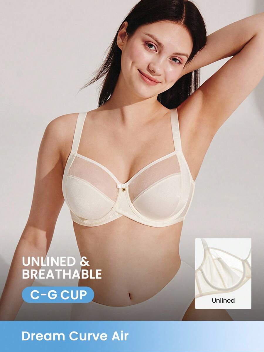 LUVLETTE Unlined Full Coverage Side Support White Mesh Sheer Basic Breezy Comfort Minimizer Bra