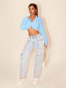 SHEIN Foxxy Women's Short Knitted Cardigan, New Arrival For Winter Fall Cloth For Women - Blue - View 6