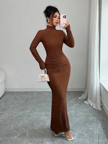 Rafferiza Vestido de punto elástico con cuello alto, manga larga y drapeado, versátil y sexy para el otoño/invierno