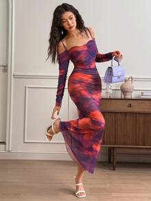 EastFlair 女士时尚性感扎染印花露肩细肩带连衣裙 - 彩色 - 查看 1