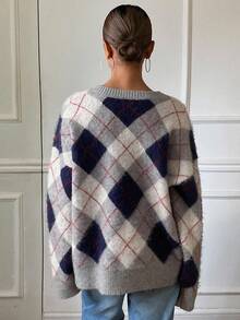 DAZY 复古撞色格子宽松V领长袖休闲街头风格女式毛衣，秋冬 - 灰色 - 查看 2