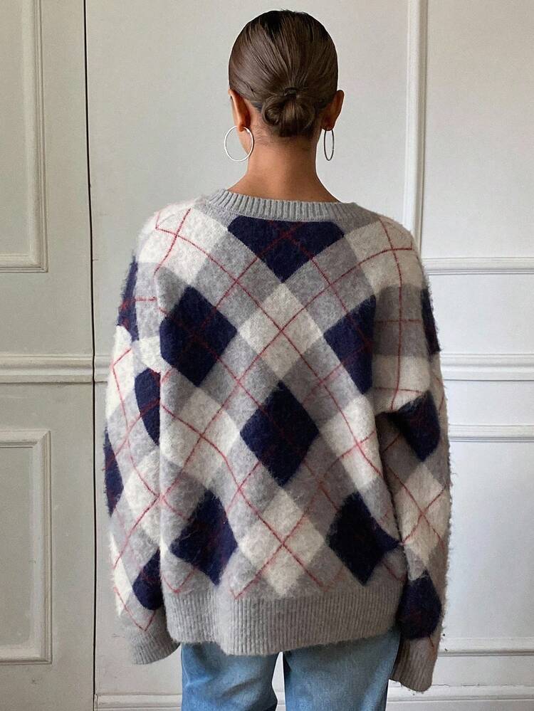 Vintage Contrast Plaid Loose V-Neck Long Sleeve Casual Street Style Sweater For Women, Autumn/Winter