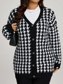 Comfylo Plus Size Casual Houndstooth Pattern Cardigan, Suitable For Work And Leisure, Autumn/Winter Button Up Cardigan Black And White Cardigan, Fall Winter Going Out