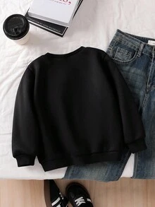 秋季少女休闲贴花圆领宽松运动衫 - 黑色 - 查看 2