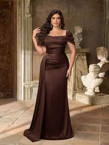 Aureia Plus Size Elegant Minimalist Green Cold Shoulder Ruched Waist Luxury Satin Mermaid Hem Bridesmaid Dress - Coffee Brown - View 4