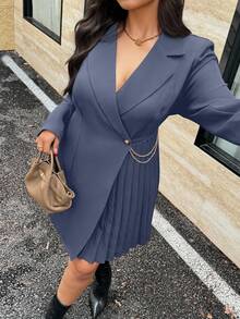 Calvaya Plus Size Elegant Solid Color Pleated Wrap Dress, Suitable For Commuting - Dusty Blue - View 5