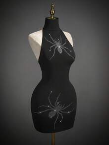 SHEIN ICON 女式万圣节蜘蛛水晶装饰黑色立领露背紧身迷你连衣裙 - 黑色 - 查看 6