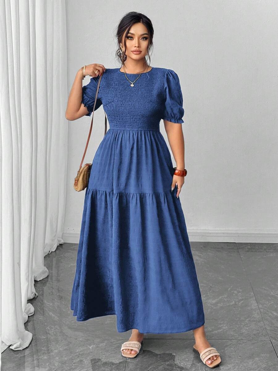 Elenzga Váy xếp ly tay bồng cỡ lớn Shien Holidaya - Màu xanh lam - Xem 1