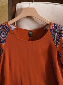 EMERY ROSE Plus Size Round Neck Short Sleeve Casual Blouse,Boho Summer,Western Wear,Vacation, Fall Top - Rust Brown - View 5