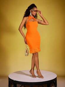 SHEIN 女士露肩中空休閒春夏裙 - 橘色 - 查看 4