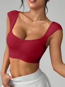 SHEIN Sovereign Charm Áo thể thao Yoga tay ngắn/Cổ tròn/Nhún phía trước/Thời trang/Chạy bộ thể dục/Yoga - Màu Đỏ Sâu - Xem 1